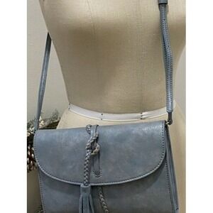 Anthropologie Crossbody Clutch Blue Faux Suede‎ Purse Bag Woven Braid Trim